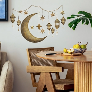 Golden moon and lantern wall stickers for home decor with hollow patterns and stars