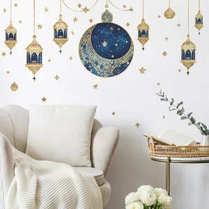Golden starry moon wall decals for living room decor featuring an elegant Ramadan design