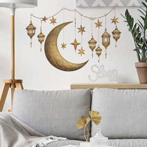 Golden Ramadan moon and stars wall stickers with lanterns for living room decor