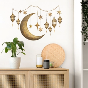 Golden moon and lantern wall decals for Ramadan home decoration on white wall