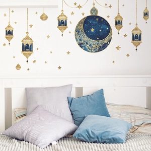 Golden Ramadan moon and stars wall stickers for a cozy bedroom festive decoration