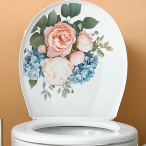 Floral self-adhesive toilet seat decal featuring roses and hydrangeas on white ceramic