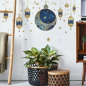 Starry moon and gold lanterns wall stickers for Ramadan home decoration on white wall