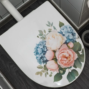 Floral toilet lid sticker with pink roses and blue hydrangeas for bathroom decor