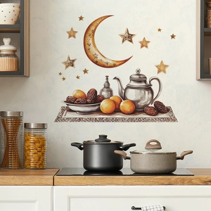 Pegatina de Pared Ramadan Removible de PVC Autoadhesiva Islámica Luna Estrellas Tetera Dátiles Decoración para Cocina Sala de Estar Dormitorio
