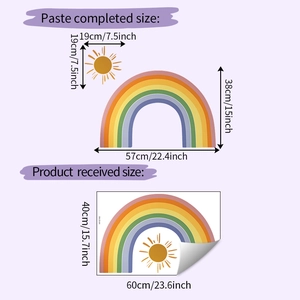Size guide for rainbow and sun wall stickers showing dimensions 60x40cm and 57x38cm