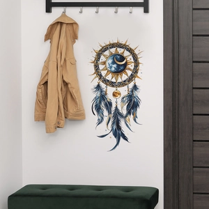 Bohemian dreamcatcher wall sticker with blue feathers and gold accents for home decor