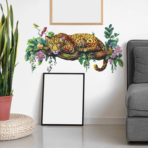 Artistic watercolor wall sticker featuring a sleeping leopard on blooming flower branches