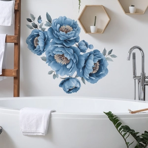 Elegant misty blue peony wall decals featuring floral patterns for bedroom and living room decor