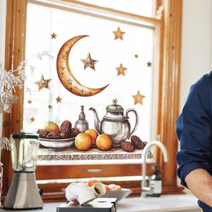 Pegatinas de ventana de Ramadán luna y estrellas con tetera de acuarela y dátiles decor