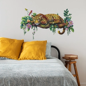 Colorful sleeping leopard on flower branch wall sticker for bedroom home wall decor