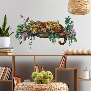 Realistic sleeping leopard wall sticker with purple flowers and birds on tree branch