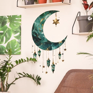 Creative dark green marble moon wall decal with golden stars and vintage hanging lanterns