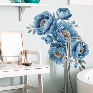 Blue peony floral wall stickers with green leaves for bathroom and home decoration