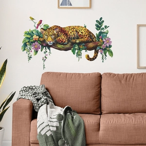 Self-adhesive sleeping leopard wall sticker with flowers for bedroom living room decor