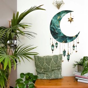 Green marble moon wall sticker with gold stars and hanging lamps for home decor