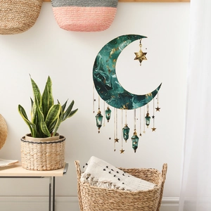 Emerald green moon wall decal with golden stars and lanterns for bedroom decor