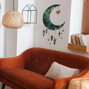 Creative moon wall sticker with green marble texture and golden lanterns for home decor