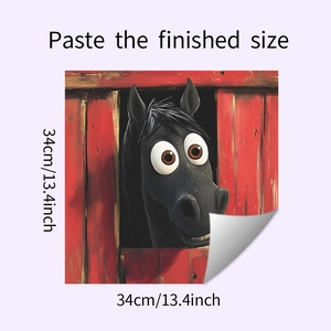 Detail of red wood barn door cartoon horse sticker with self-adhesive edge showing