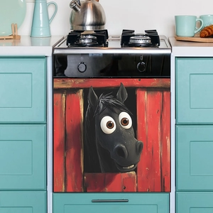 Cartoon black horse kitchen dishwasher decal with red barn window art wallpaper decor