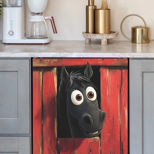 Cartoon black horse and red wooden barn magnet sticker for kitchen dishwasher decor