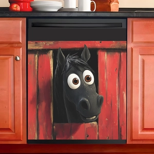 Funny Cartoon Horse Dishwasher Sticker Self Adhesive Waterproof Kitchen Appliance Decor Peeking Horse Barn Door Mural Sticker