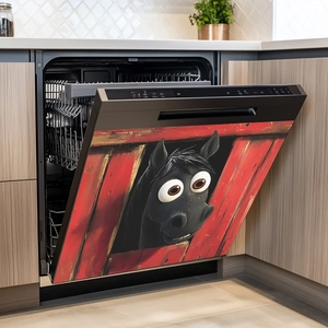 Cartoon black horse and red barn door magnetic wallpaper sticker for dishwasher