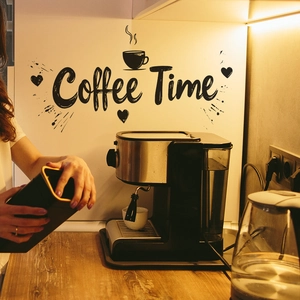 Self-adhesive black Coffee Time vinyl wall decal with heart icons for kitchen decor