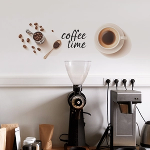 Modern coffee time wall decals set with coffee beans and grinder for home kitchen decor