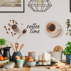 3D coffee time wall decal set featuring a realistic coffee cup and beans on white wall