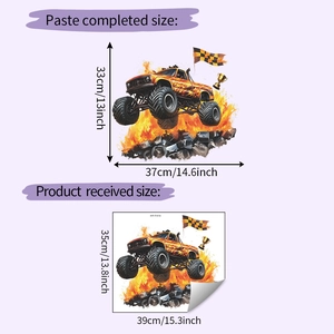 Dettaglio delle dimensioni dell'adesivo da parete Monster Truck e design con fiamme