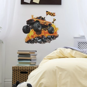 Adesivo da Parete Monster Truck Con Fiamme da Corsa Trofeo Bandiera a Scacchi Adesivo in PVC per Camera dei Bambini