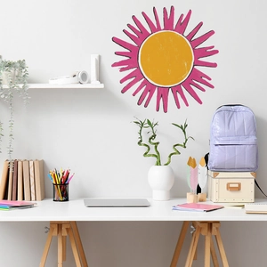 Cartoon sun wall sticker in yellow and pink for minimalist bedroom and home decoration
