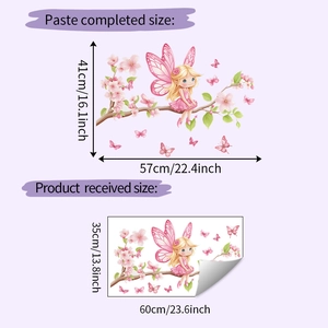 Detail view showing floral fairy wall sticker layout and dimensions 35x60cm and 41x57cm