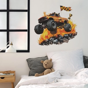 Adesivo murale dinamico con monster truck, fuoco e trofeo per camera da letto