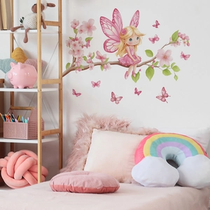 Cartoon Pink Flower Fairy Cherry Blossom Wall Sticker DIY Waterproof PVC Butterfly Wall Decal For Kids Room Bedroom Home Decor