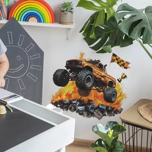 Adesivo murale con monster truck e fiamme per decorazione cameretta dei bambini