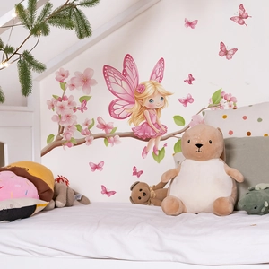 Pink fairy and butterfly wall stickers for kids room with cherry blossom branch