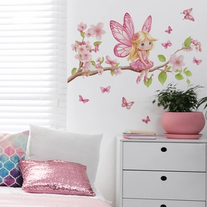 Floral fairy wall sticker on cherry blossom branch for home bedroom and living room decor