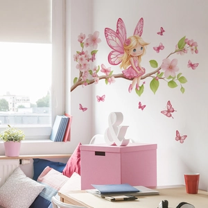 Floral fairy wall sticker with pink flowers and butterflies for bedroom home decoration
