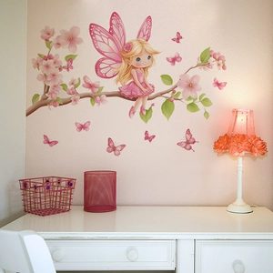Pink fairy sitting on a flowering tree branch wall decal for kid room decoration