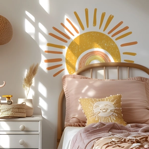 Bohemian large sun wall decal in warm yellow and orange tones for bedroom decor