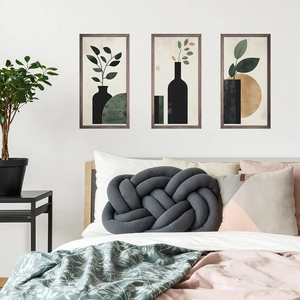Modern minimalist abstract vase wall art set for bedroom decor with dark wood frames