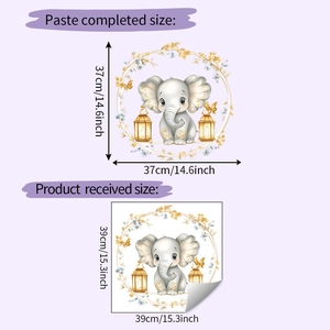 Detailed size chart for the cartoon elephant wall sticker with floral gold wreath design
