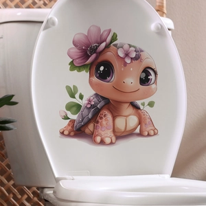 Cute cartoon turtle toilet seat sticker with purple flowers for bathroom home decoration