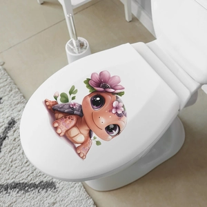 Cute cartoon turtle toilet seat sticker with pink flowers for bathroom home decoration