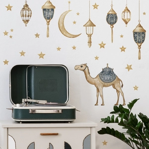 Islamic Ramadan Moon Star Camel Lantern Wall Stickers Gold Printed PVC Removable Decorative Decals For Bedroom Living Room Home Decoration