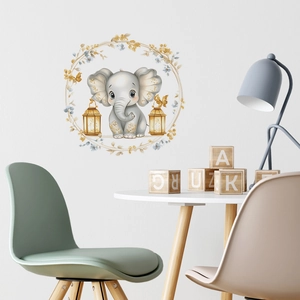 Cartoon elephant wall decal in floral wreath with lanterns for kids bedroom decor