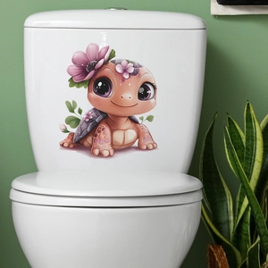 Cute cartoon turtle wall sticker with purple flowers for bathroom toilet decoration