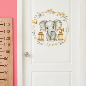 Cartoon elephant and golden lanterns wall sticker on a white bedroom door for home decor